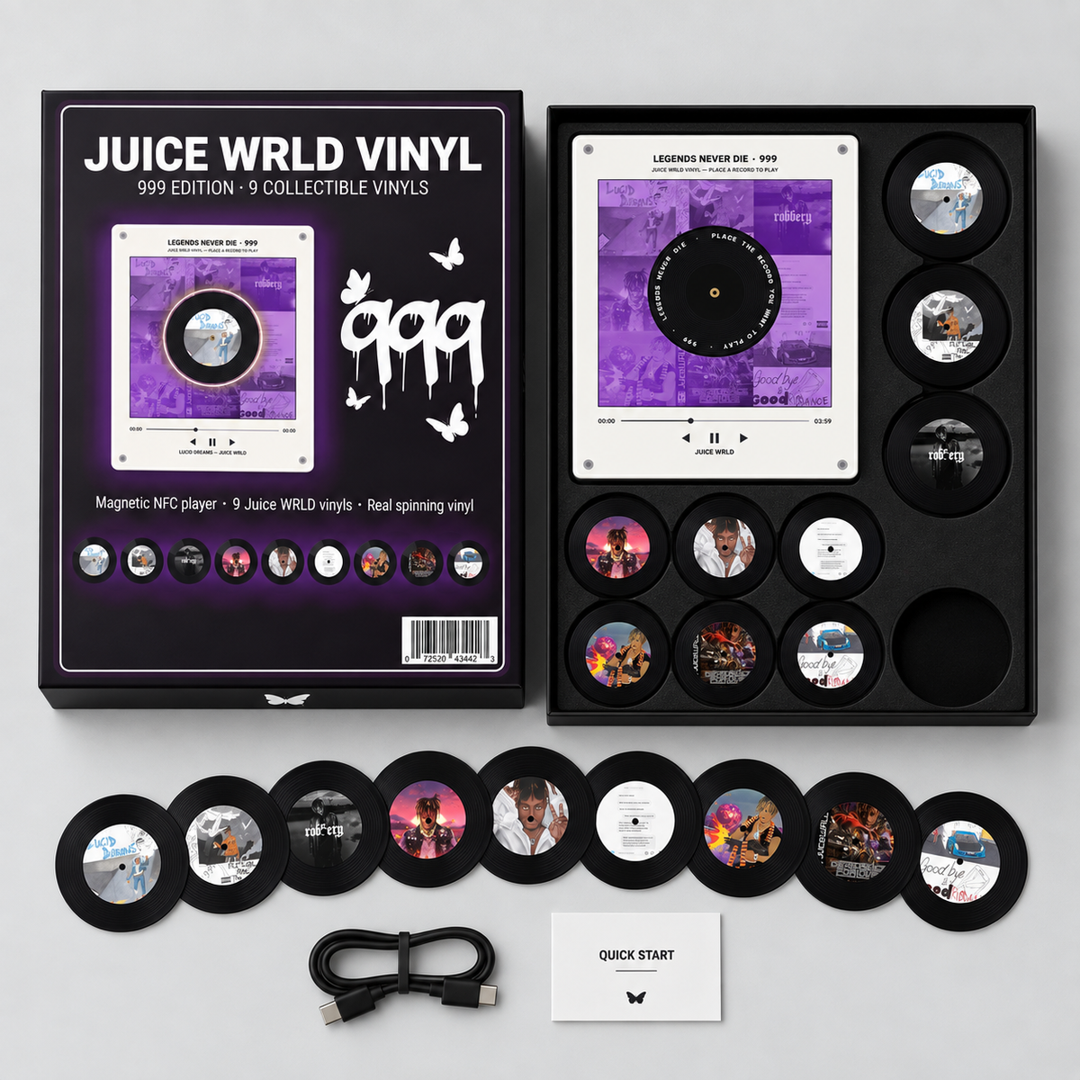 Magnetic vinyl player glowing purple on a fridge with 9 mini vinyl discs