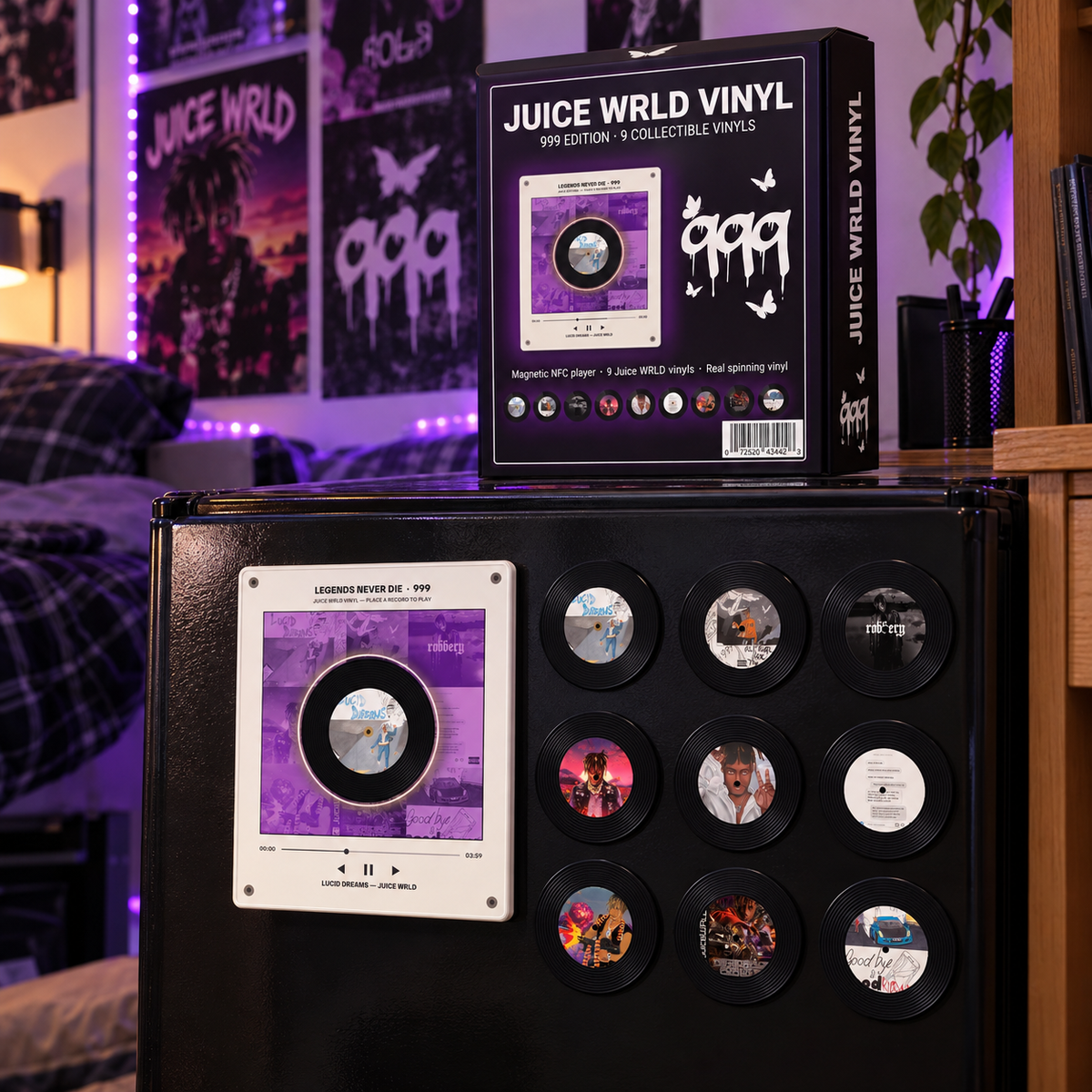 Player and discs on a dorm mini-fridge