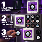 How it works: load your 9 songs, stick it on the fridge, tap a disc to play