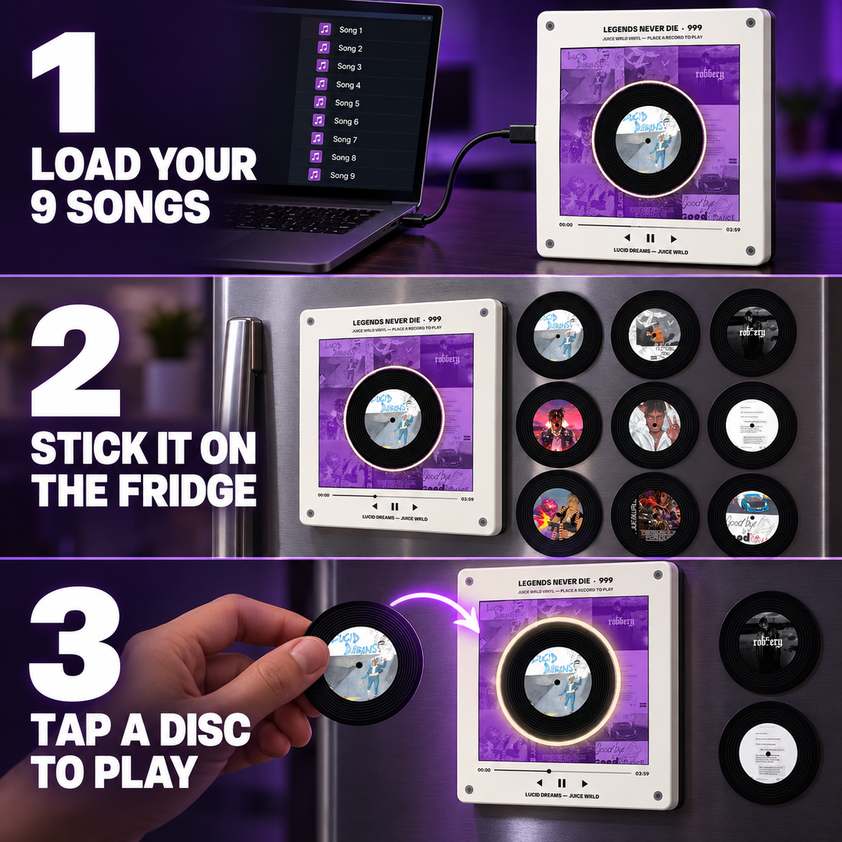 How it works: load your 9 songs, stick it on the fridge, tap a disc to play